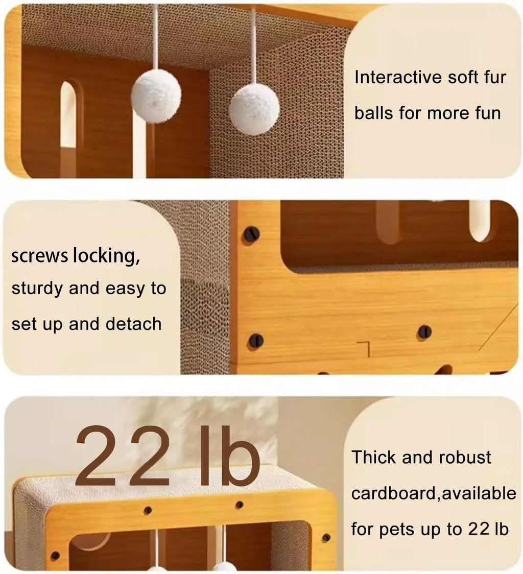 2-in-1 Wooden Cat Bed and Scratching Board Set, Durable Double-Layer Design for Indoor Use, Comfortable Pet Furniture and Accessories