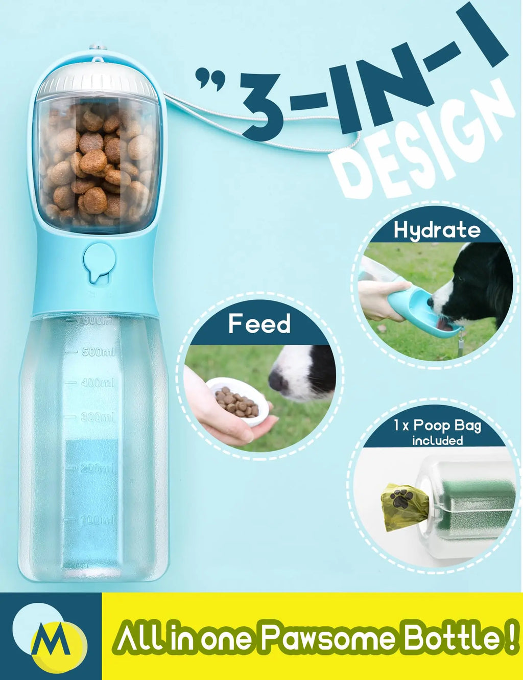 3-in-1 Portable Water Bottle for Dogs with Food Container and Poop Bag Holder - Ideal for Outdoor Activities, 20oz, Blue