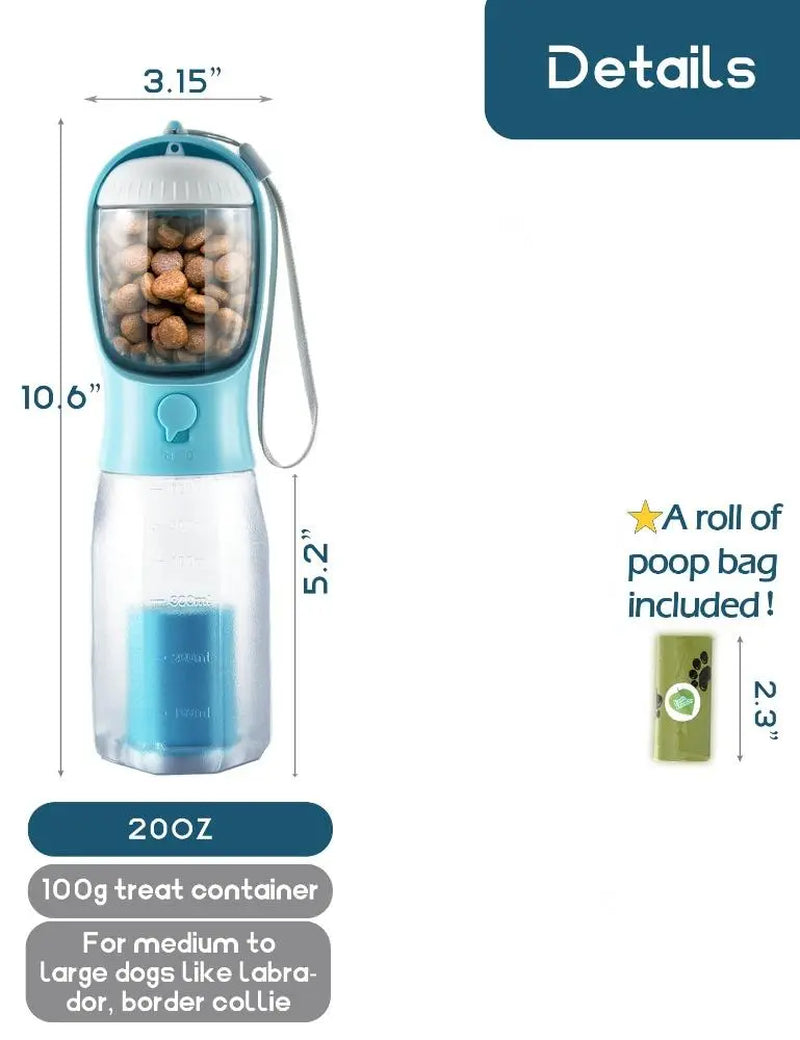 3-in-1 Portable Water Bottle for Dogs with Food Container and Poop Bag Holder - Ideal for Outdoor Activities, 20oz, Blue