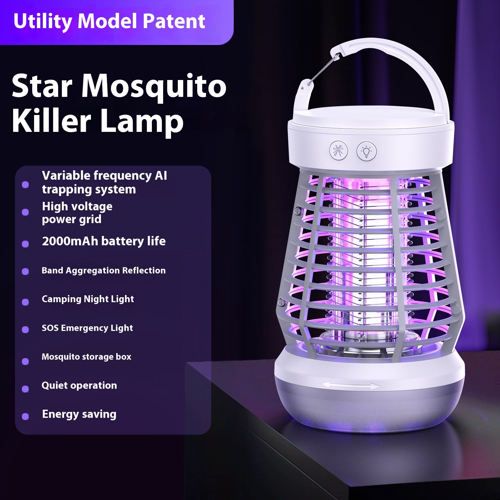 2In1 Mosquito Killer Lamp Electric Fly Catcher USB Rechargeable Electric Mosquito Swatter Electric Fly Trap with Night Light S0S Emergency Light Mosquito Killer Terrace Camping