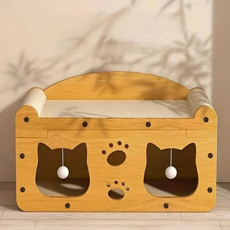 2-in-1 Wooden Cat Bed and Scratching Board Set, Durable Double-Layer Design for Indoor Use, Comfortable Pet Furniture and Accessories