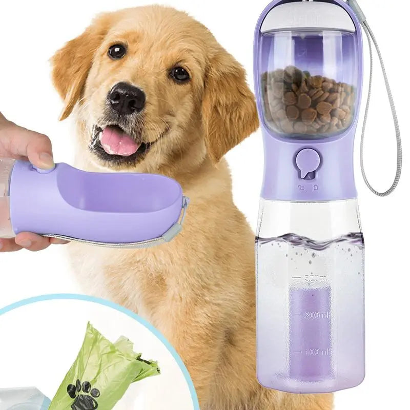 3-in-1 Portable Water Bottle for Dogs with Food Container and Poop Bag Holder - Ideal for Outdoor Activities, 20oz, Blue