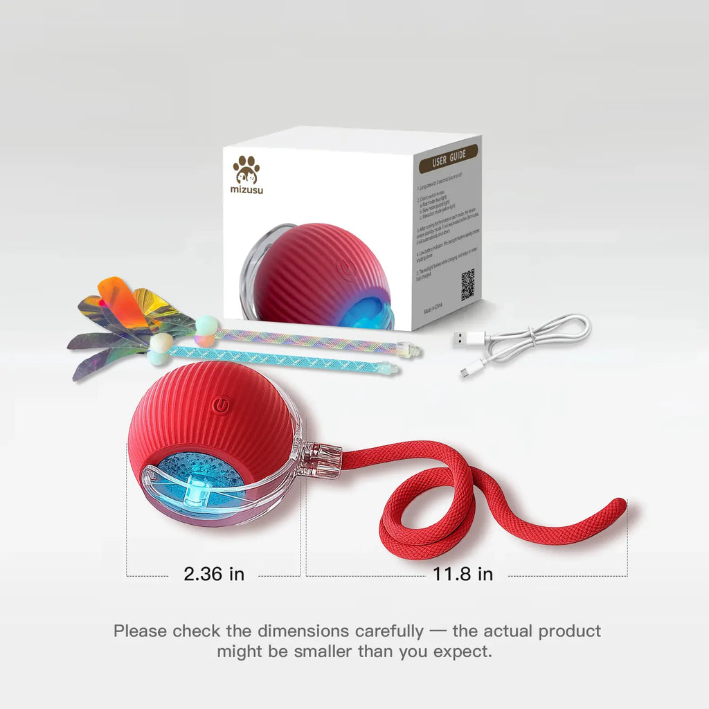 Mizusu Interactive Teaser Toy for Cats and Dogs with Two Additional Tails - Kitten Rolling Ball Toy and Pet Accessories