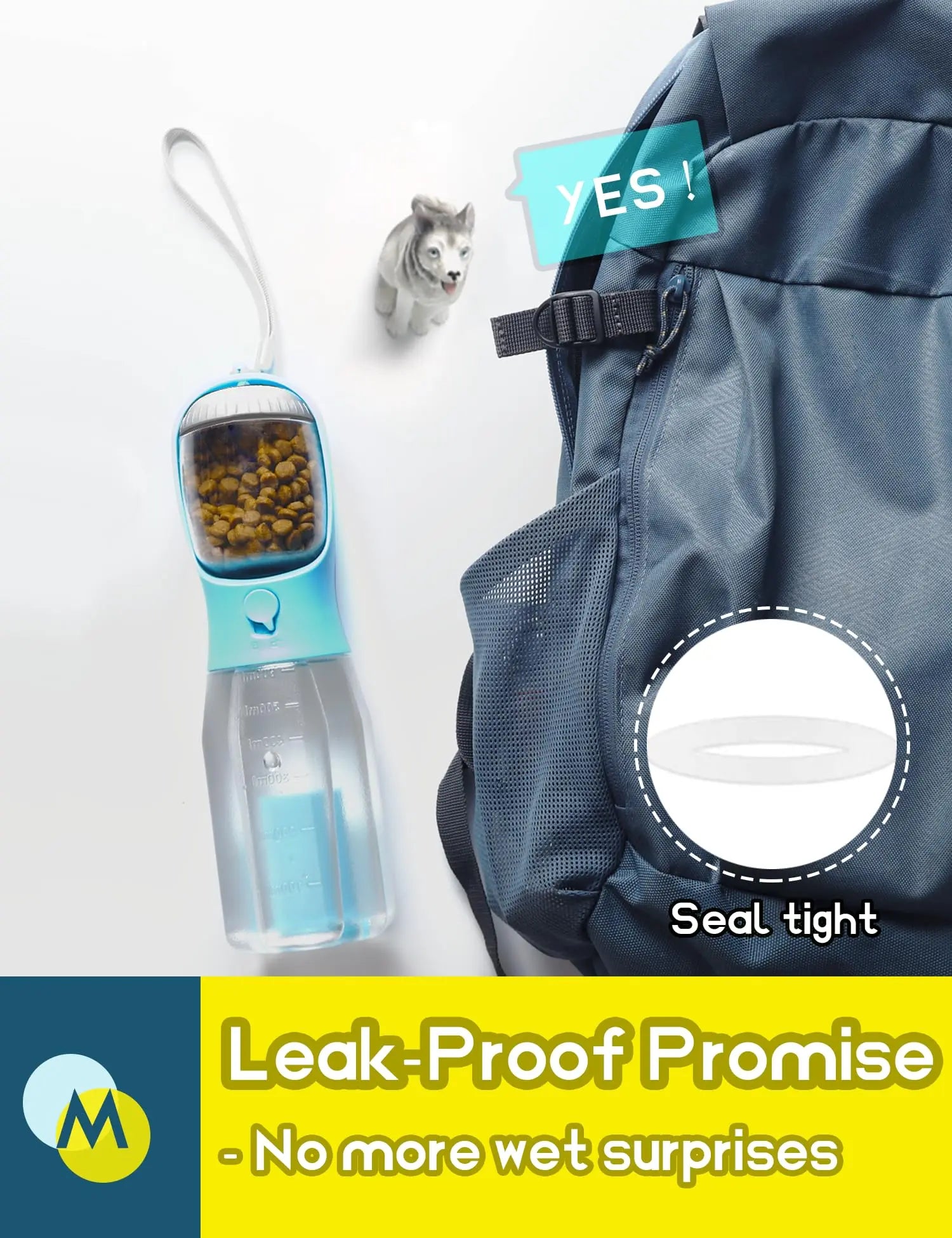 3-in-1 Portable Water Bottle for Dogs with Food Container and Poop Bag Holder - Ideal for Outdoor Activities, 20oz, Blue