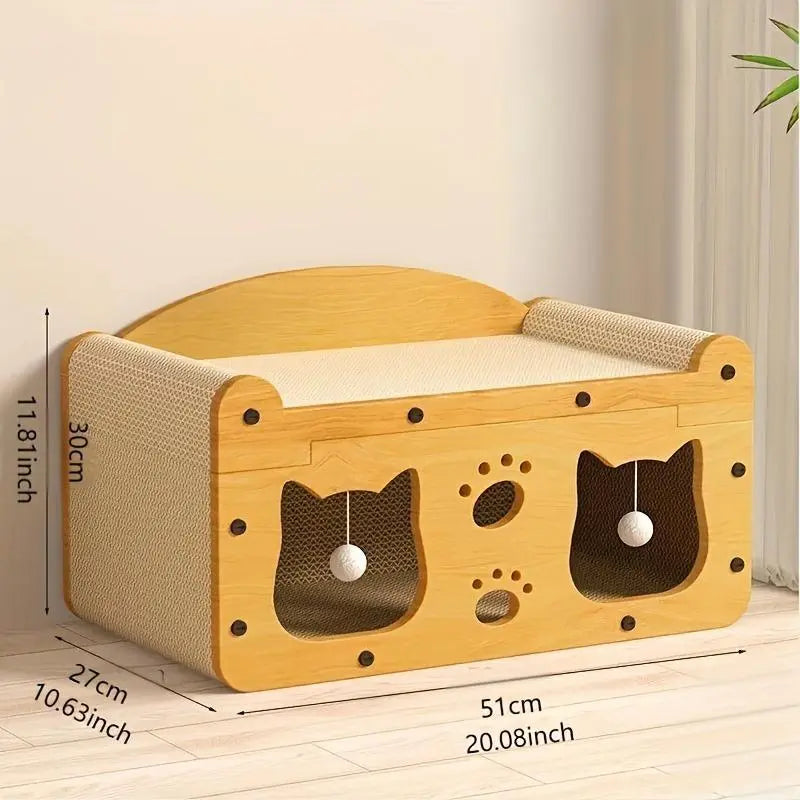 2-in-1 Wooden Cat Bed and Scratching Board Set, Durable Double-Layer Design for Indoor Use, Comfortable Pet Furniture and Accessories