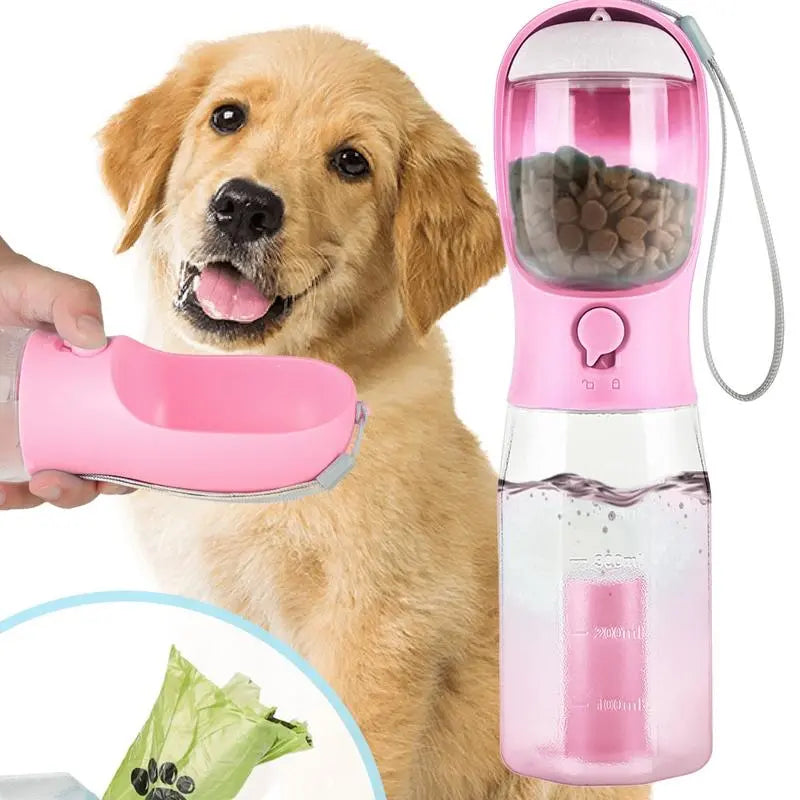 3-in-1 Portable Water Bottle for Dogs with Food Container and Poop Bag Holder - Ideal for Outdoor Activities, 20oz, Blue