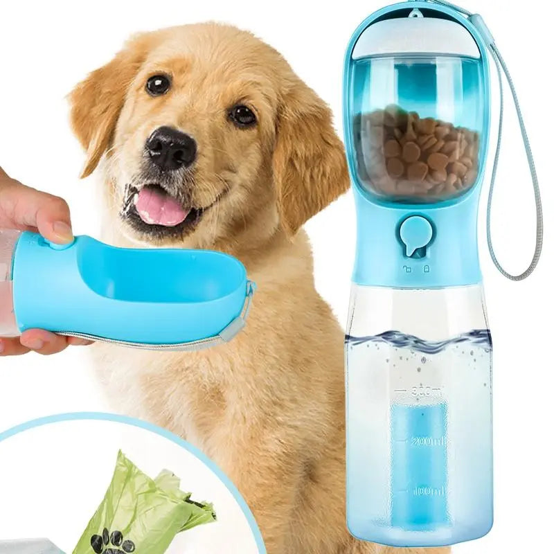 3-in-1 Portable Water Bottle for Dogs with Food Container and Poop Bag Holder - Ideal for Outdoor Activities, 20oz, Blue