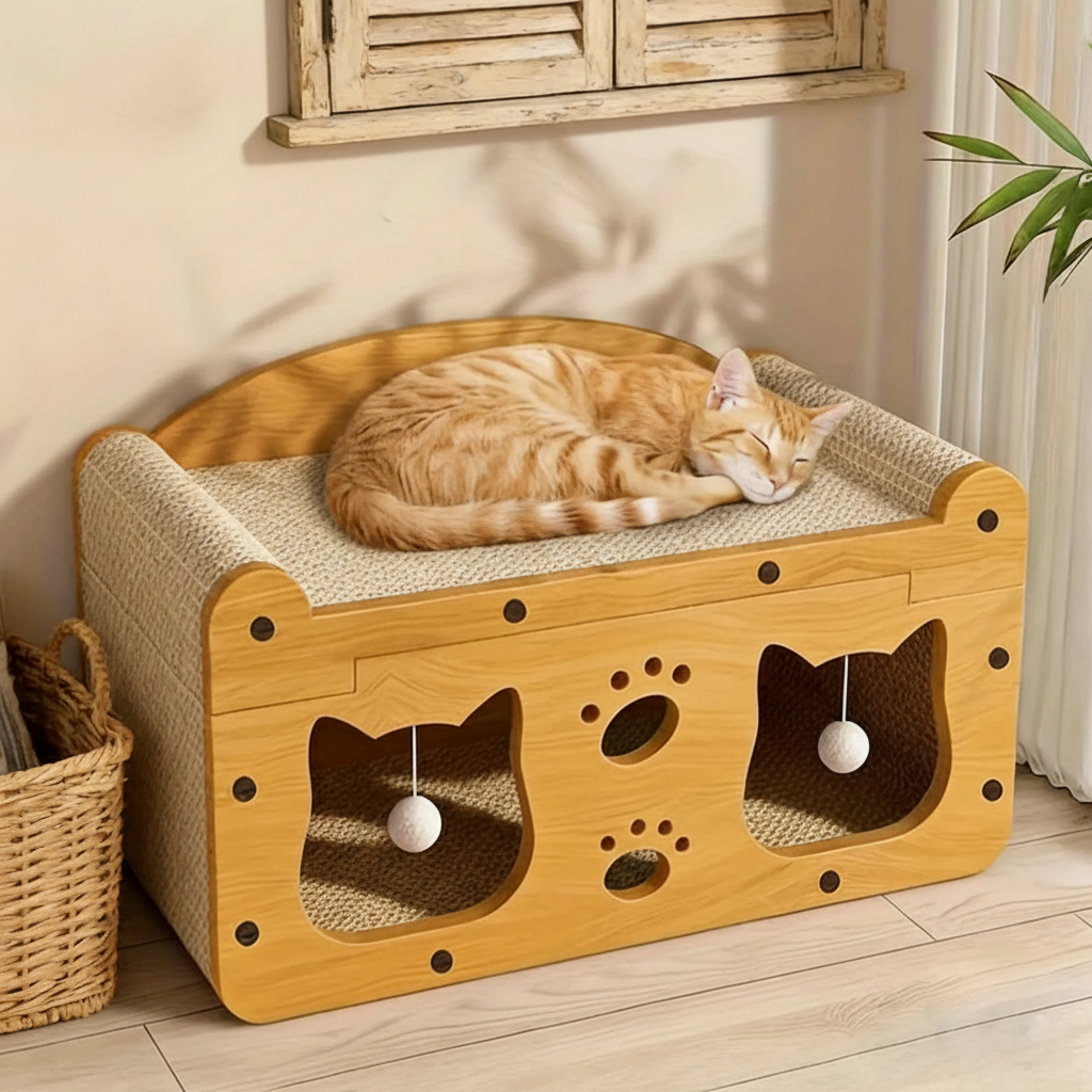 2-in-1 Wooden Cat Bed and Scratching Board Set, Durable Double-Layer Design for Indoor Use, Comfortable Pet Furniture and Accessories