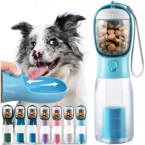3-in-1 Portable Water Bottle for Dogs with Food Container and Poop Bag Holder - Ideal for Outdoor Activities, 20oz, Blue