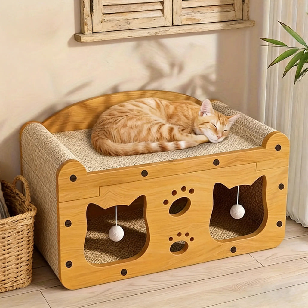 2-in-1 Wooden Cat Bed and Scratching Board Set, Durable Double-Layer Design for Indoor Use, Comfortable Pet Furniture and Accessories