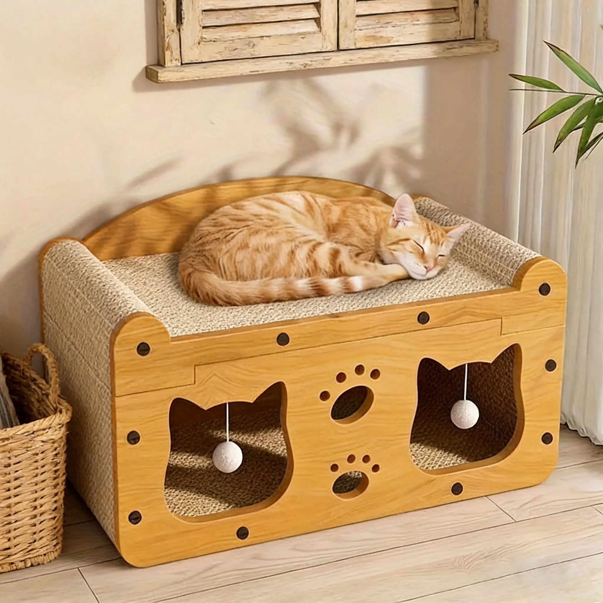 2-in-1 Wooden Cat Bed and Scratching Board Set, Durable Double-Layer Design for Indoor Use, Comfortable Pet Furniture and Accessories