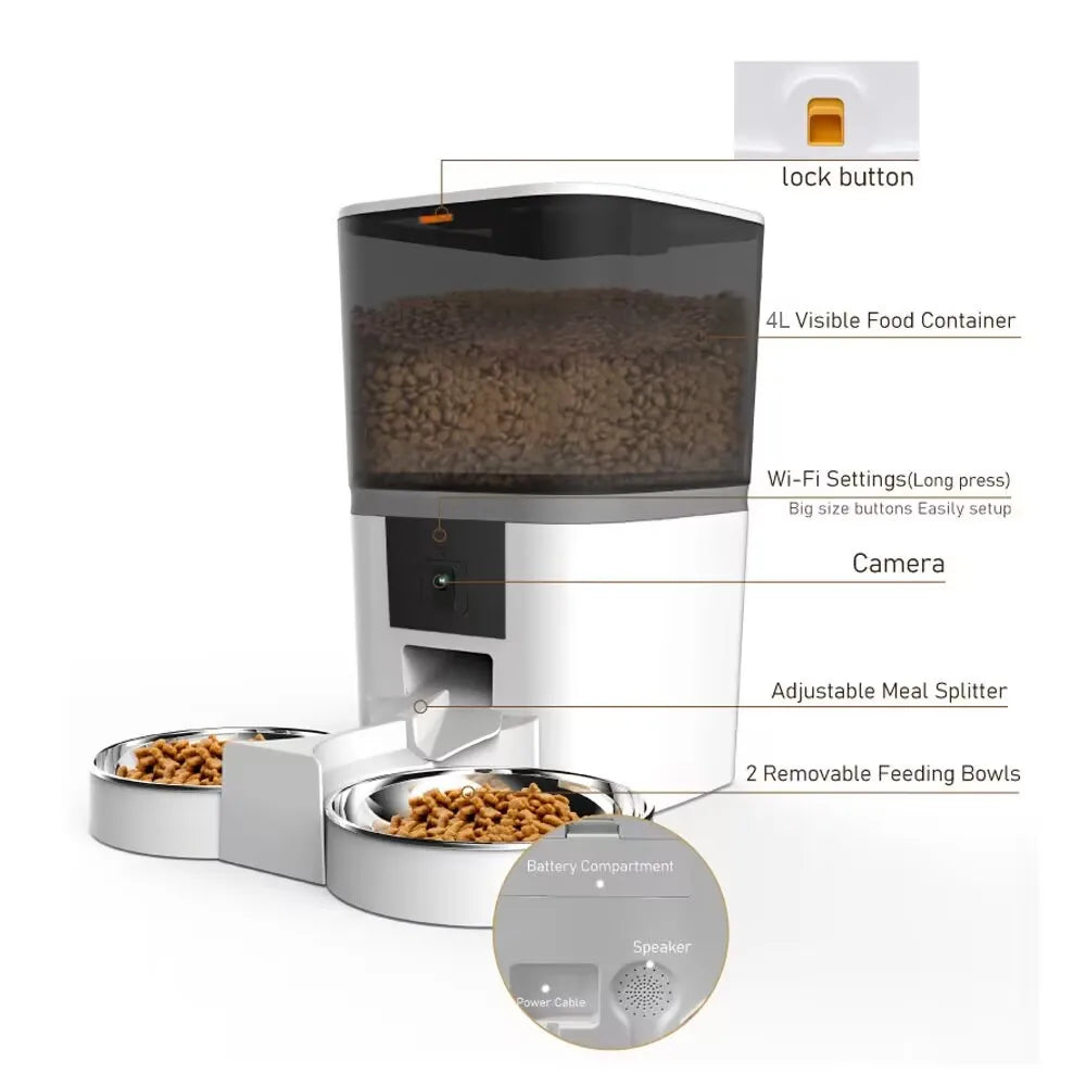 Smart 4L feeder with camera, timer, and dual bowls