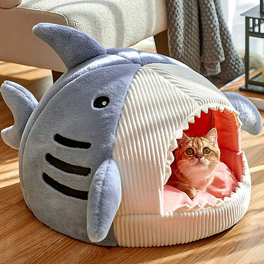 Shark-shaped warm pet bed – cozy cave for cats and small dogs