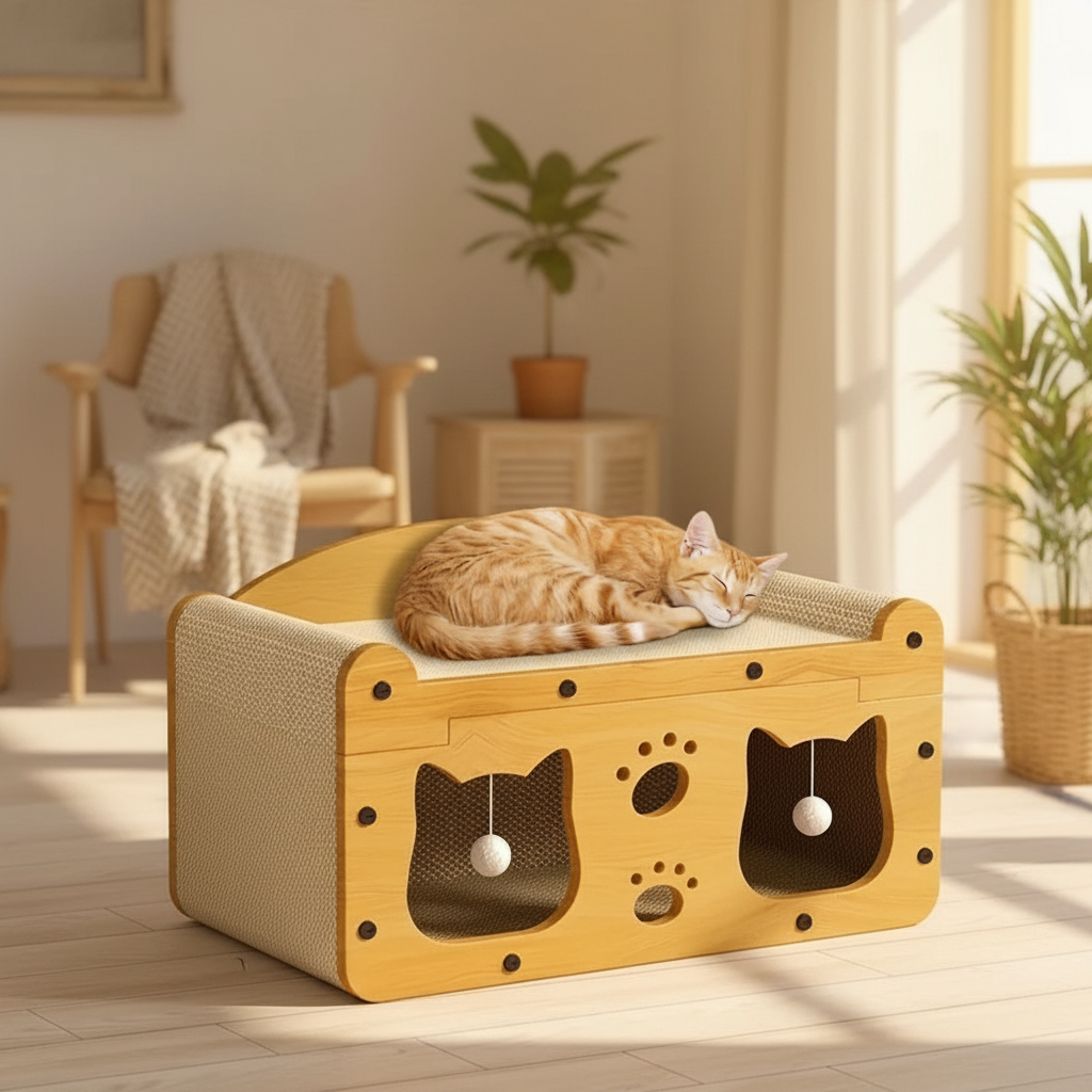 2-in-1 Wooden Cat Bed and Scratching Board Set, Durable Double-Layer Design for Indoor Use, Comfortable Pet Furniture and Accessories