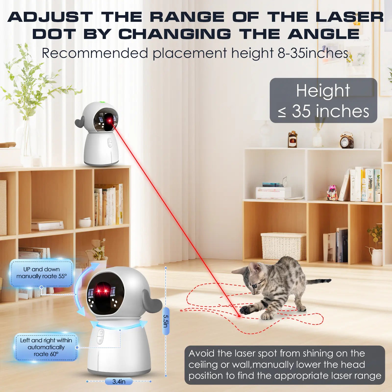 Interactive Rechargeable Cat Laser Toy 2026 for Indoor Use - Motion Activated, Adjustable Angle, Dual Patterns for Fun and Exercise for Multiple Cats and Kittens