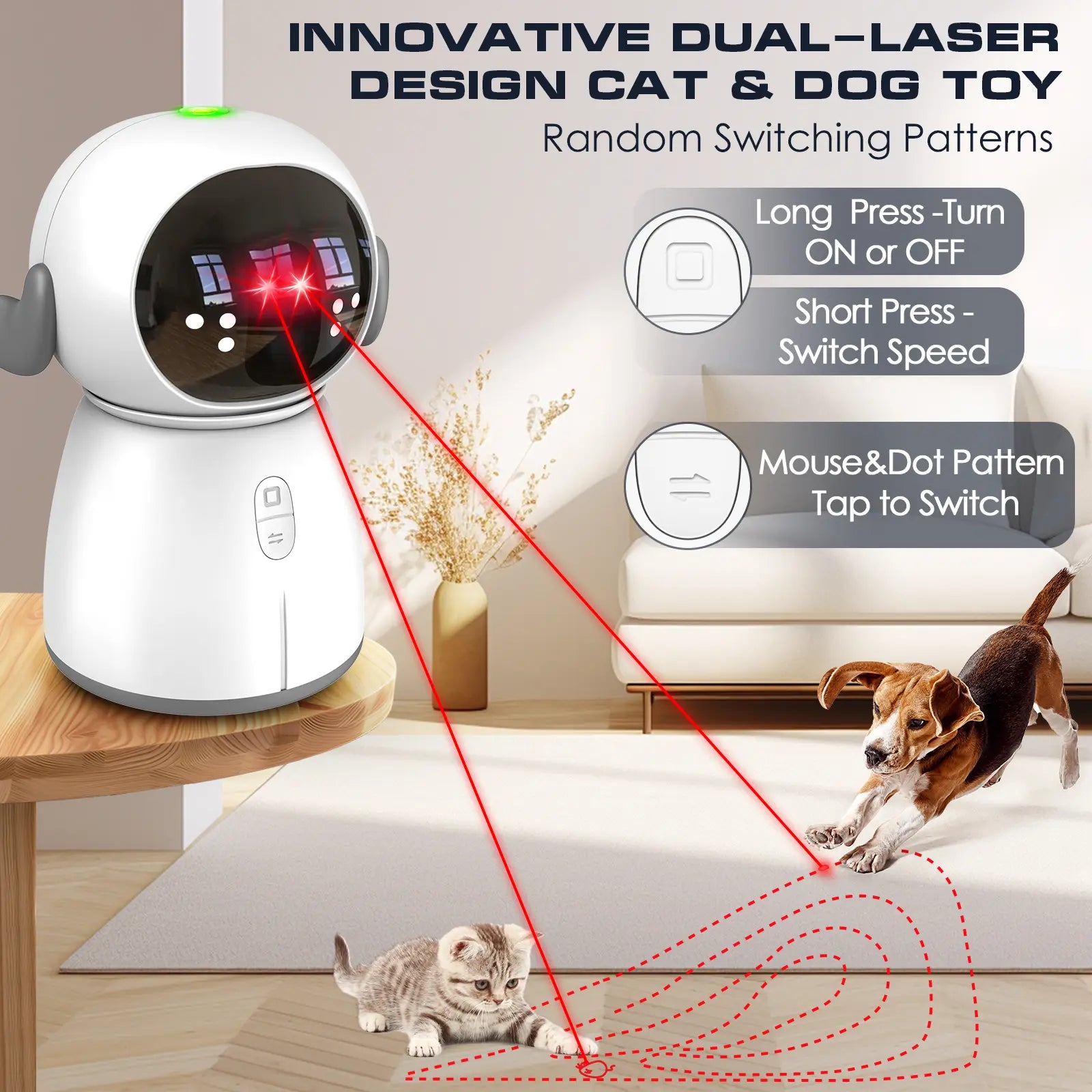 Interactive Rechargeable Cat Laser Toy 2026 for Indoor Use - Motion Activated, Adjustable Angle, Dual Patterns for Fun and Exercise for Multiple Cats and Kittens